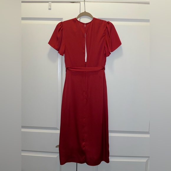 Express- red satin deep v-neck midi length faux wrap dress - Picture 3 of 4